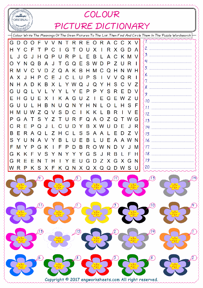  For kids, check the picture of Colour find, and write the word and find it in the word puzzle ESL printable worksheet. 
